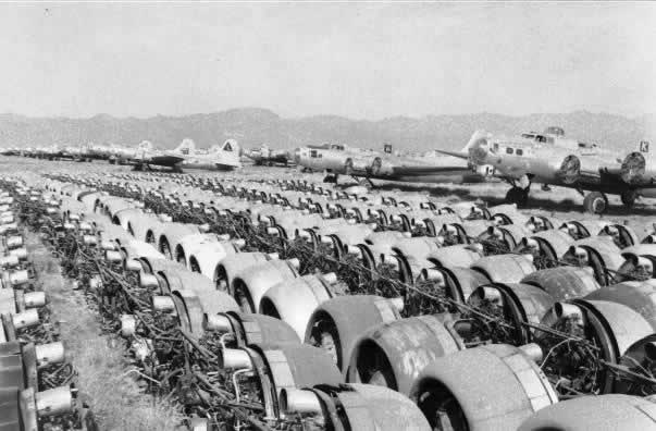 Rows of aircraft engines removed from surplus bombers at the Kingman boneyard Rows of aircraft engines removed from surplus bombers at the Kingman boneyard